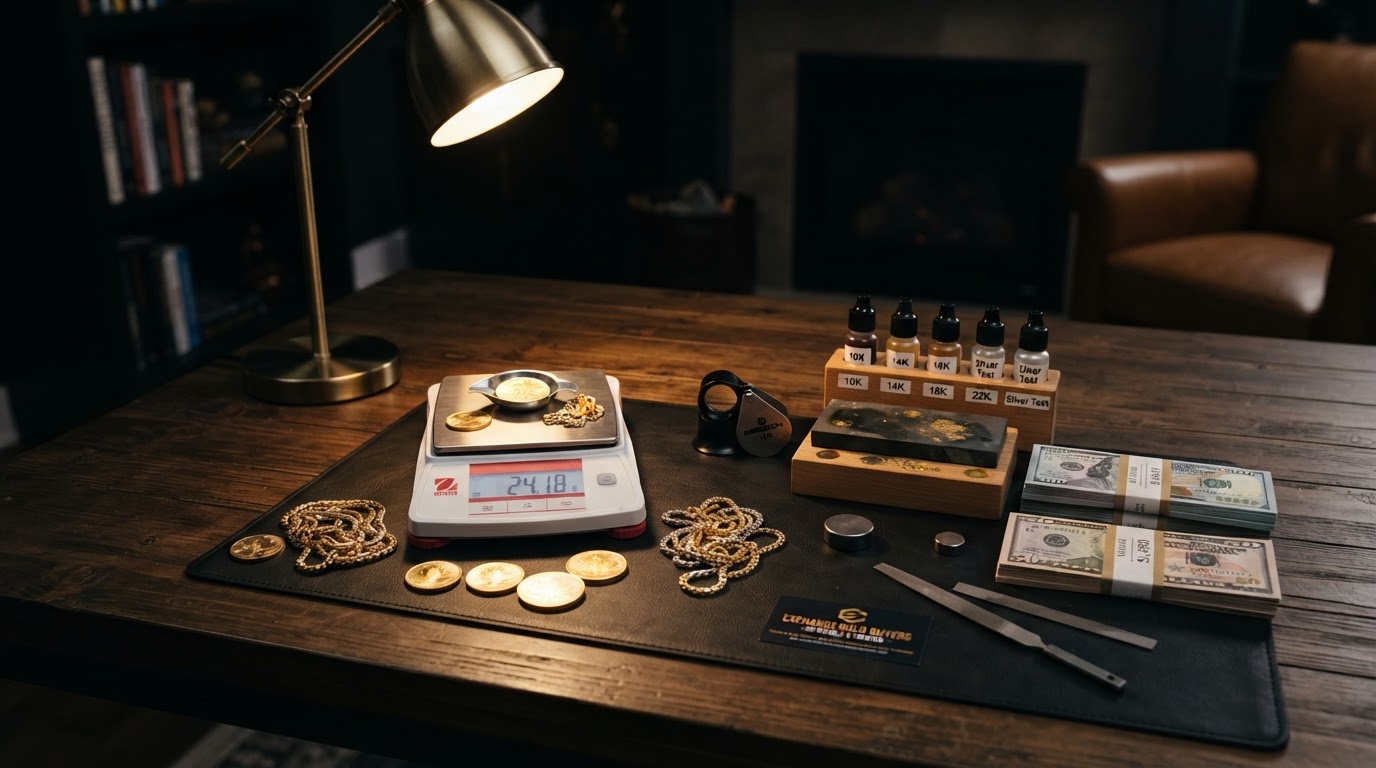Mobile gold-buying testing station with a digital scale, testing kit, gold, and cash on a table