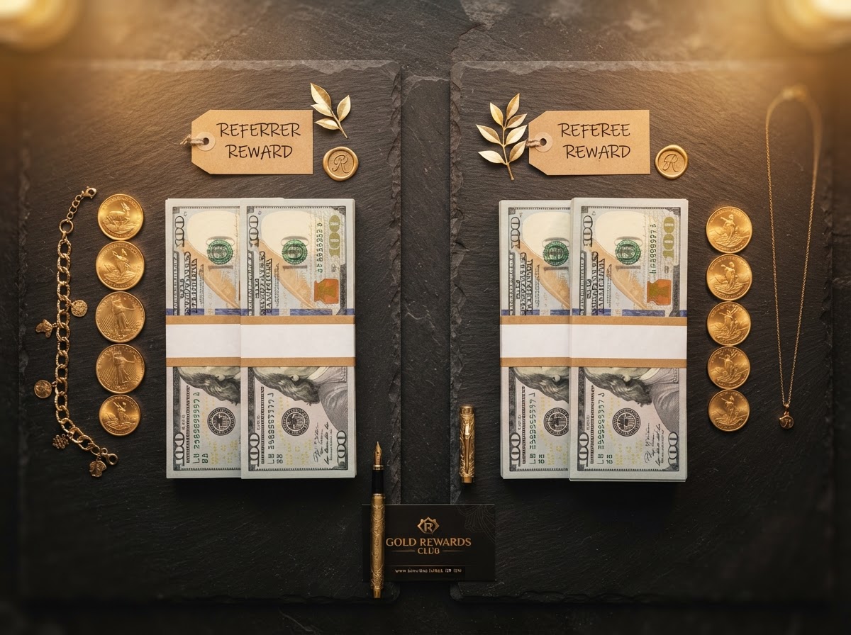 Cash and gold split into two even stacks representing the referral reward
